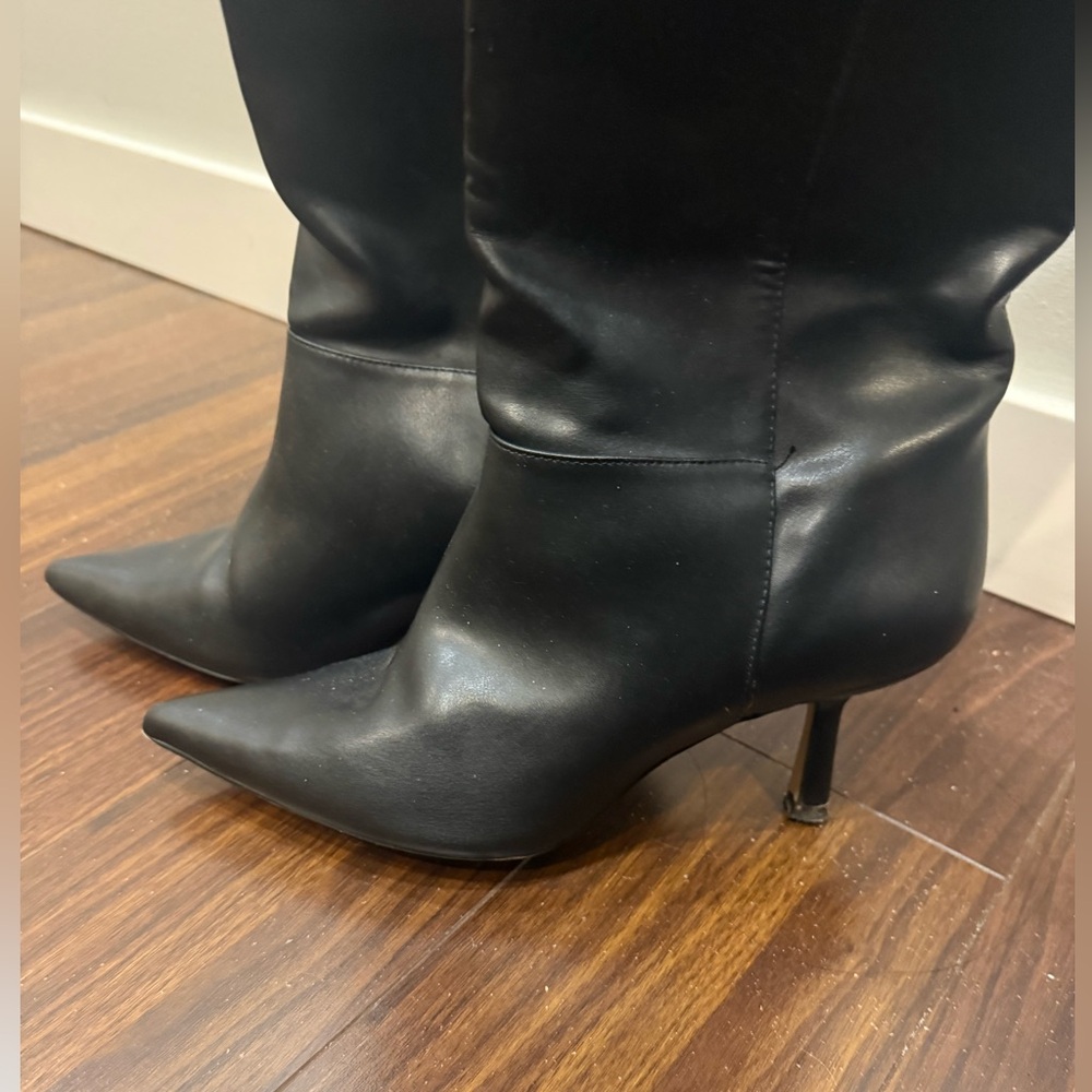 Black Leather Knee High Heeled Boots - Picture 2 of 4